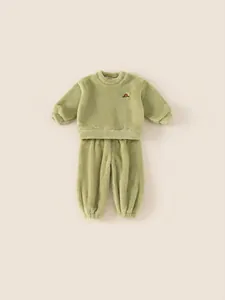 Kids warm fleece pajama set in soft green with long sleeves and pants