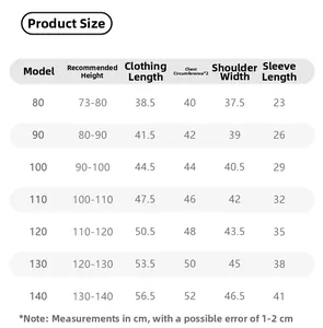 Detailed size chart for kids fleece jacket showing height, length, and chest dimensions