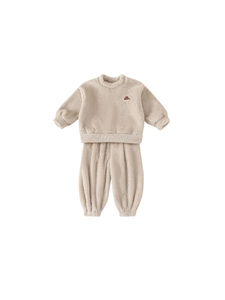 Thick beige fleece pajama set for toddlers including long-sleeved top and pants