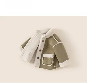 Detail view of olive green kids suede jacket with thick white shearling lining and collar