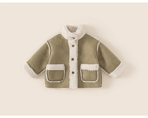 Detail of olive green kids jacket with cozy faux shearling trim and brown buttons