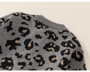 Detailed close-up of gray leopard print knit sweater showing neckline and shoulder texture