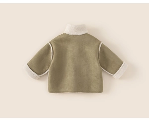 Close-up of olive green suede jacket with white faux shearling lining and stand collar
