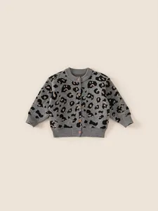 Toddler Kids Leopard Print Knitted Cardigan Sweater Grey Long Sleeve Button Up Round Neck Jacket For Boys Girls Autumn Winter