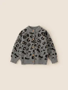 Classic leopard print kids cardigan in grey knit with rustic wooden front buttons