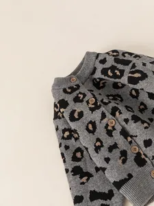 Gray leopard print knitted cardigan for girls with brown buttons and ribbed cuffs for fall