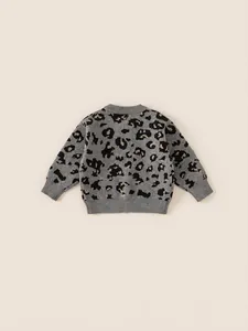 Kids grey leopard print knit cardigan with ribbed crew neck and soft texture