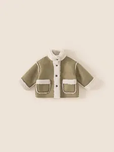 Kids Winter Warm Sherpa Lined Suede Jacket Toddler Boys Girls Fleece Outerwear Button Down Color Block Jacket Coat