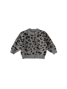 Kids leopard print knitted cardigan with wooden buttons and ribbed cuffs in grey