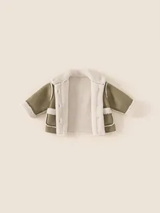 Kids warm olive green faux suede jacket with thick sherpa fleece lining and buttons