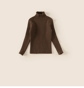 Detail of dark brown ribbed knit turtleneck sweater with warm elastic vertical texture
