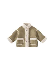 Kids warm olive green faux suede jacket with fleece lining and white faux shearling trim
