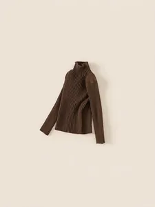 Kids rib-knit turtleneck sweater in dark coffee brown color for autumn and winter