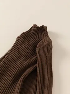 Kids warm dark brown ribbed knit turtleneck sweater with high neck and soft texture