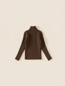 Kids warm turtleneck ribbed knit sweater in dark caramel brown for autumn and winter