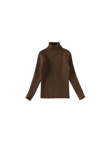 Kids warm dark brown turtleneck knit sweater with vertical rib texture on white background