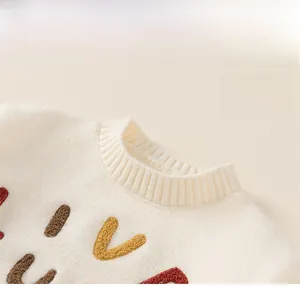 Detail of white knit sweater showing ribbed crew neck and colorful embroidered letters