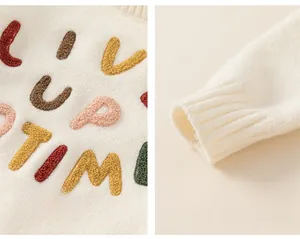Detail view showing colorful letter jacquard pattern and ribbed knit cuffs on white sweater