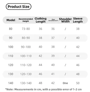 Detailed size chart for kids knit sweater showing height, length and sleeve measurements