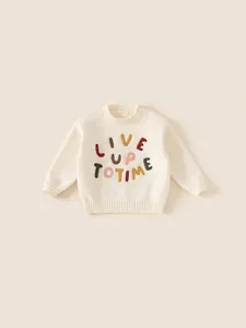 Off-white kids knit sweater with colorful LIVE UP TO TIME letter embroidery on front