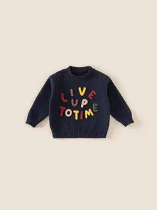 Kids navy blue knit sweater with colorful Live Up To Time 3D embroidered letters