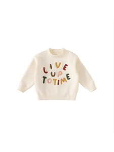 Beige crewneck knit sweater for kids featuring colorful LIVE UP TO TIME letter embroidery
