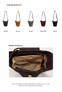 Detail of the suede-textured bucket bag showing interior zip pockets and five matte colors