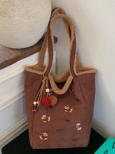 Damen Große Kapazität Tote Tasche Plüsch Wildlederoptik Welpen Bestickt Schultertasche Lässig Herbst Winter Handtasche Mit Anhänger