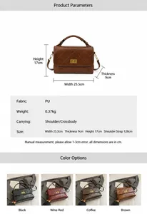 Specifiche tecniche borsa in pelle PU trapuntata con dimensioni, peso e 4 varianti colore