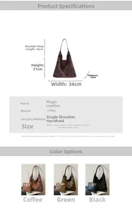 Detailed size specifications and material chart for the vintage suede floral tote bag