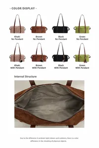 Detail view of large matte retro pillow bags in khaki, brown, black, and green colors