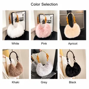 Detailed comparison of plush crescent bags in six colors with wooden bead woven handles