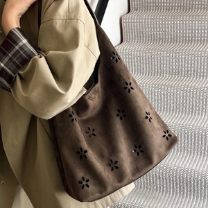 Retro dark brown faux suede tote bag with flower laser-cut design for women