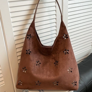 Vintage dark brown suede tote bag with floral laser cut-out patterns and large capacity