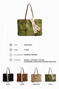 Quilted velvet tote bag with matching round pouch showing detailed dimensions and colors