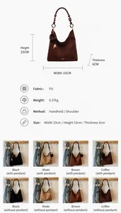 Detailed view of brown hobo bag with wooden beads and plush ball on a product spec sheet