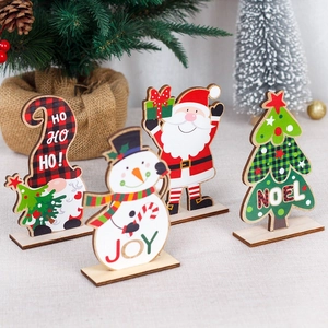 Cartoon wooden Christmas tabletop decorations featuring Santa, snowman and Xmas tree set