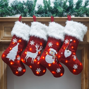 LED Glowing Christmas Stocking Large Red Linen Embroidered Gift Bag Faux Fur Trim Snowflake Reindeer Snowman Xmas Decoration