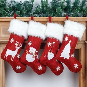Set of 4 red burlap LED Christmas stockings with elk and snowman for holiday decoration