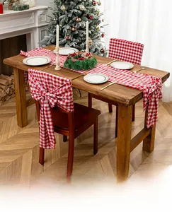 Christmas checkered table runner and chair covers set in red and white farmhouse style
