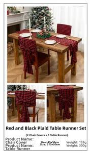 Detail view of red and black plaid Christmas table runner and chair cover set