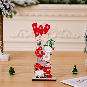 Wooden Christmas gnome sign with Welcome lettering and snowflake patterns for desk decor