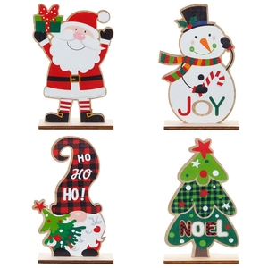 Set of 4 Christmas wooden desktop decorations featuring Santa and Snowman holiday designs