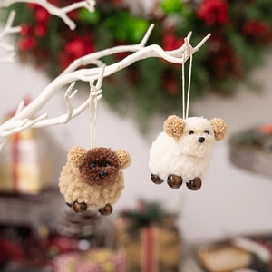 Cute Plush Sheep Dog Christmas Hanging Ornaments For Christmas Tree Decoration Polyester Animal Ornaments With Wooden Beads Home Holiday Decor