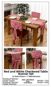 Detailed view of red and white plaid Christmas table runner and chair covers set