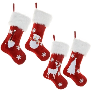 Set of 4 red Christmas stockings with LED lights, elk, snowman, and gnome embroidery