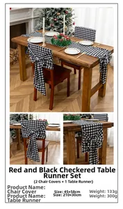 Detailed view of black and white plaid chair covers and table runner with measurements