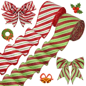 Christmas Glitter Striped Ribbon Wired Edge Polyester Decorative Ribbon For DIY Bow Making Holiday Party Gift Wrapping Decoration