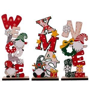 Three-piece Christmas wooden tabletop ornaments set with gnome and holiday greetings