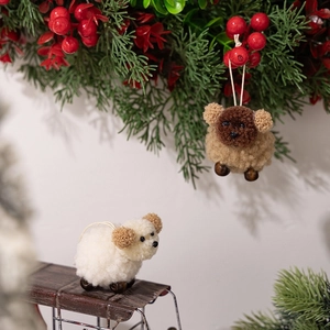 Cute plush sheep hanging ornament with wooden bead legs for Christmas tree decoration